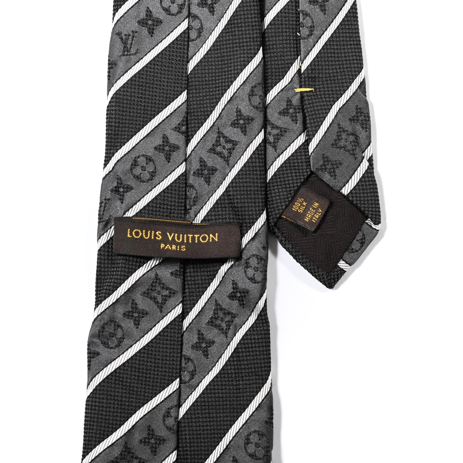 Louis Vuitton Silk Jacquard Monogram Mens Striped Neck Tie Grey Black 4 of 4