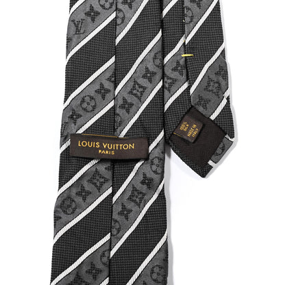 Louis Vuitton Silk Jacquard Monogram Mens Striped Neck Tie Grey Black 4 of 4