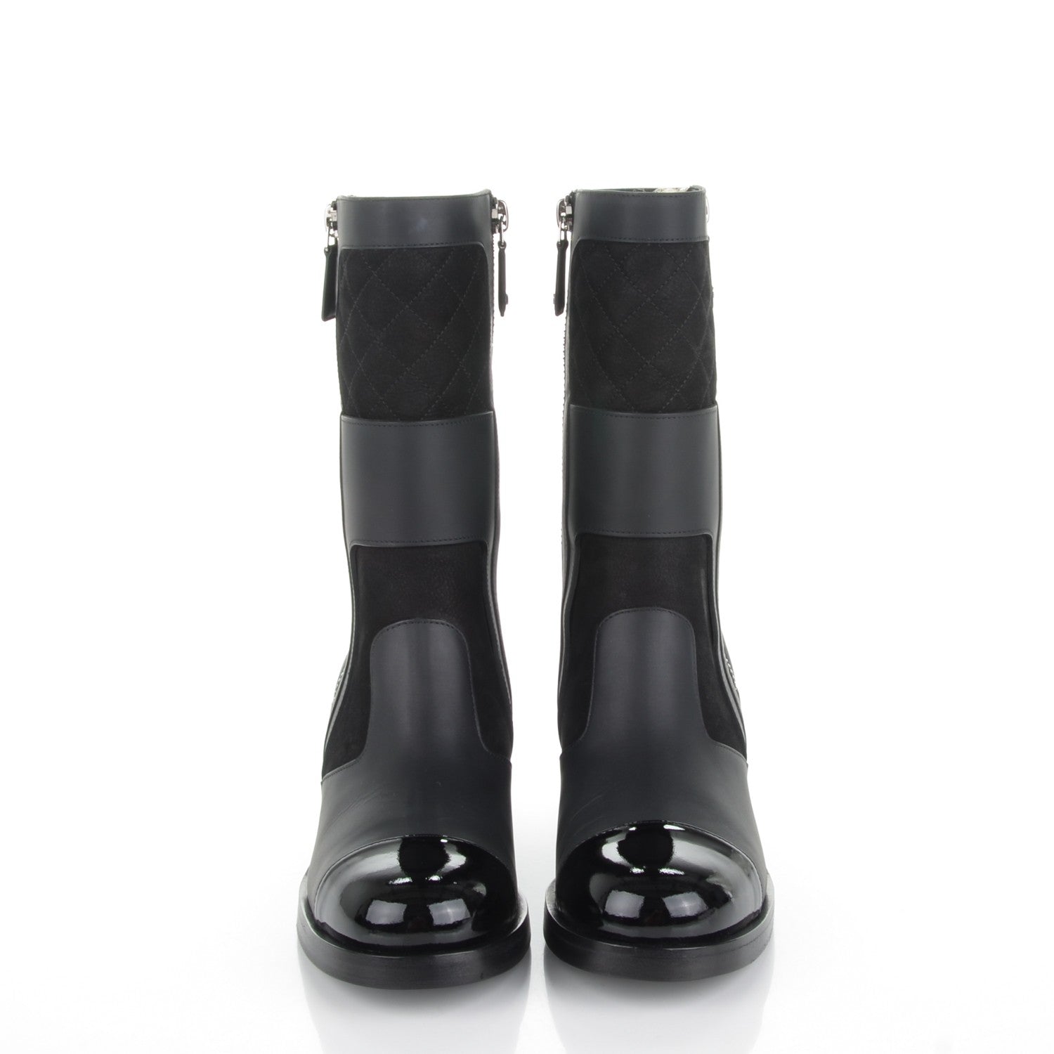 Chanel Calfskin Quilted Patent Cap Toe Boots 38.5 Black 4 of 7