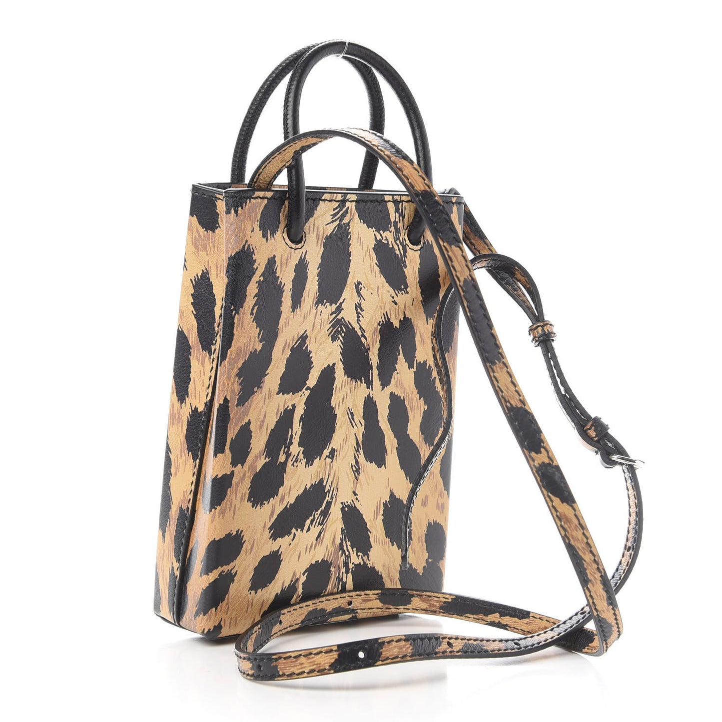 Smooth Calfskin Leopard Print Logo Shopping Phone Holder Bag Beige Black