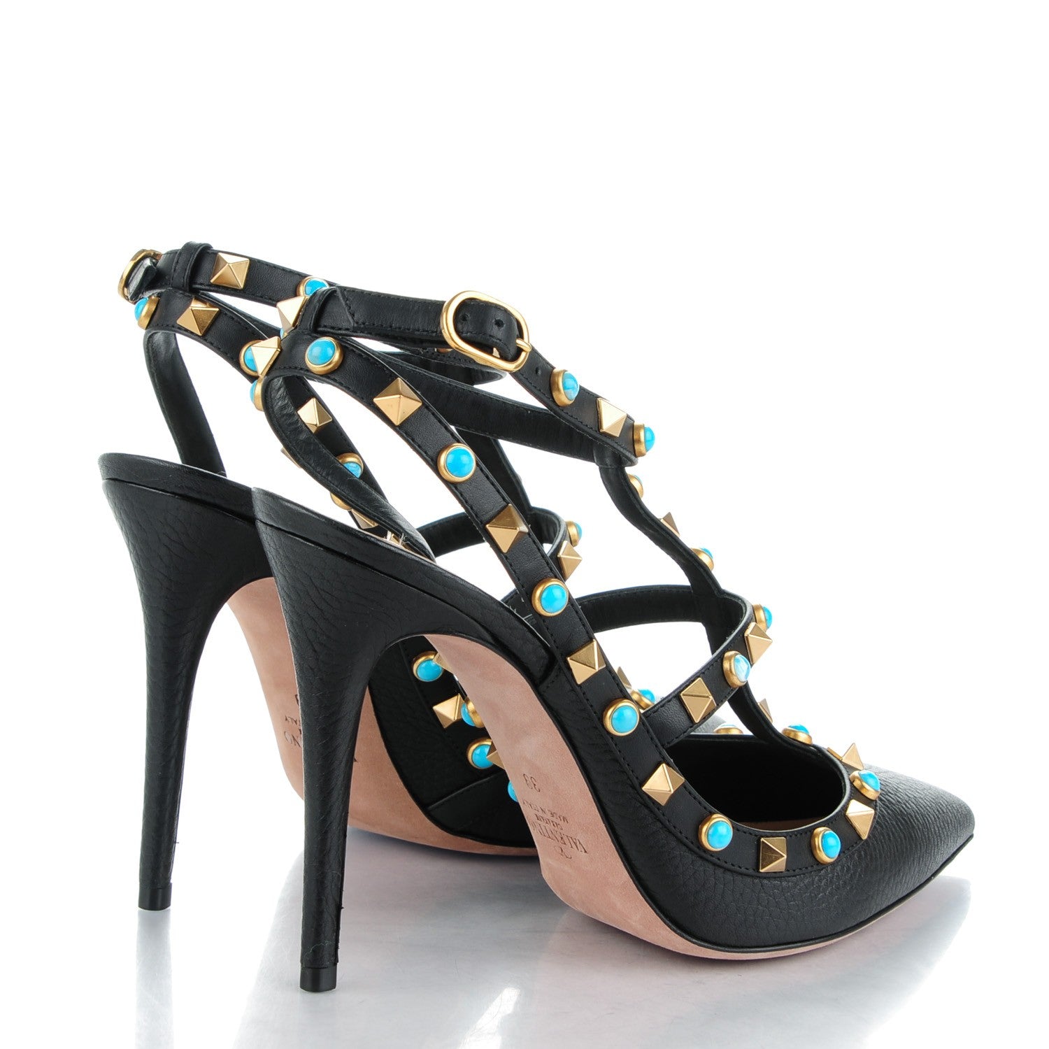 Valentino Garavani Pebbled Calfskin Turquoise Rockstud Rolling Ankle Strap 100mm Pumps 39 Black 4 of 8