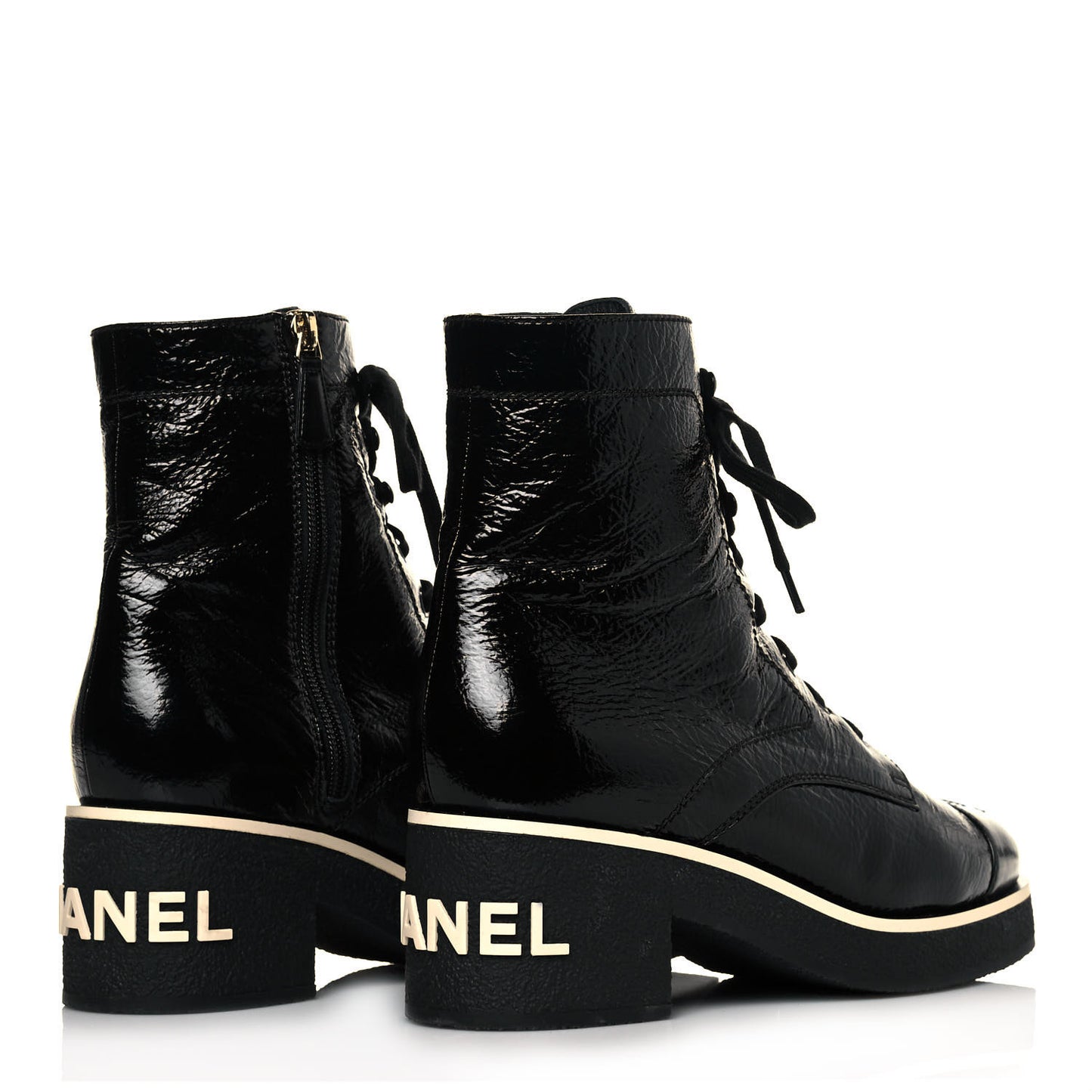 Shiny Crumpled Lambskin Lace Up Combat Boots 39.5 Black