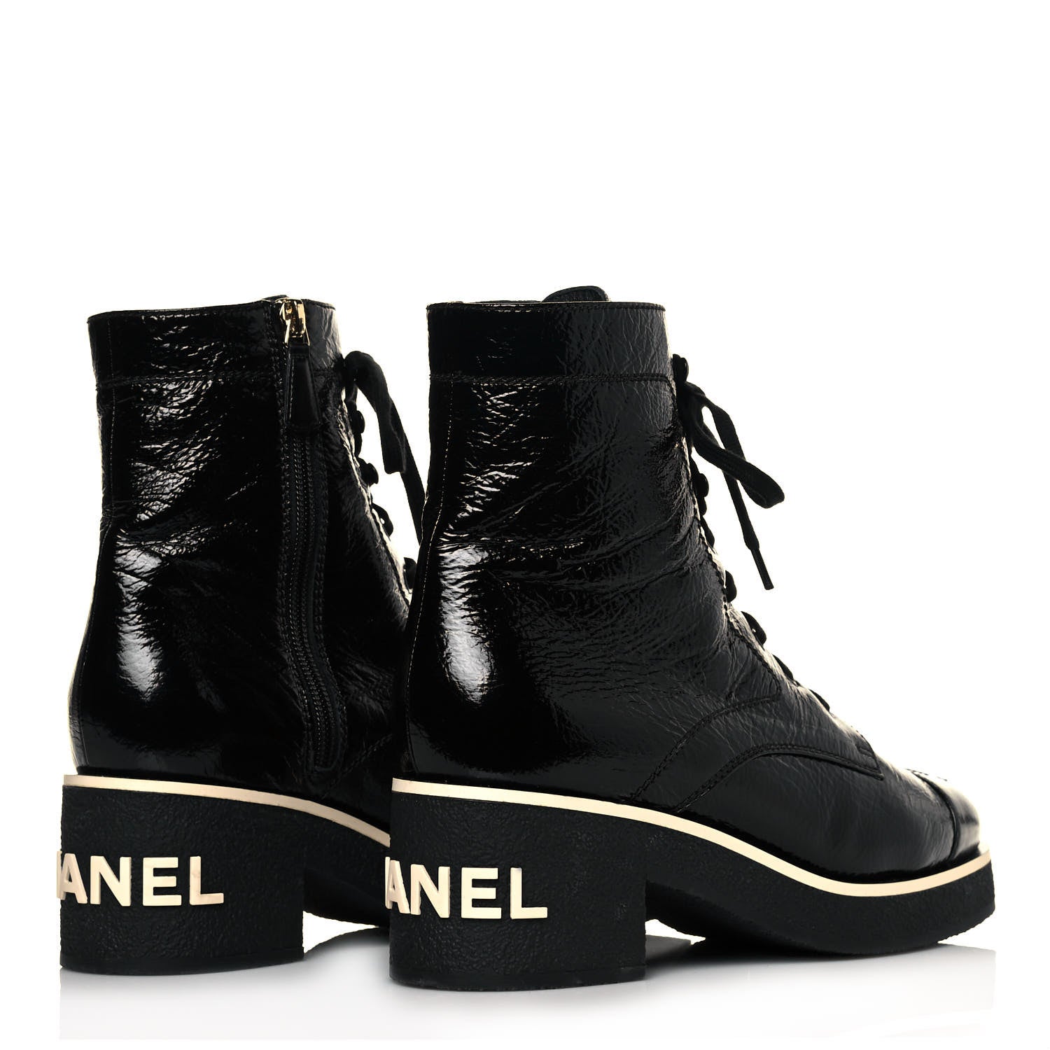 Chanel Shiny Crumpled Lambskin Lace Up Combat Boots 39.5 Black 4 of 8