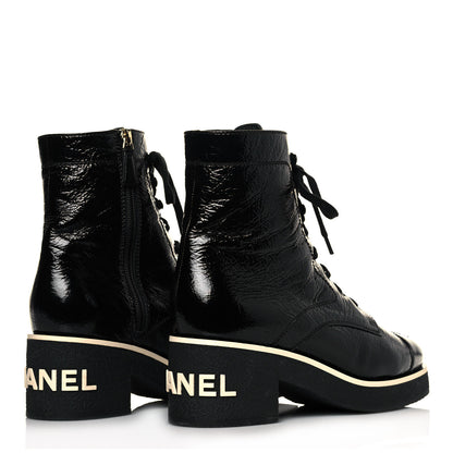 Chanel Shiny Crumpled Lambskin Lace Up Combat Boots 39.5 Black 4 of 8