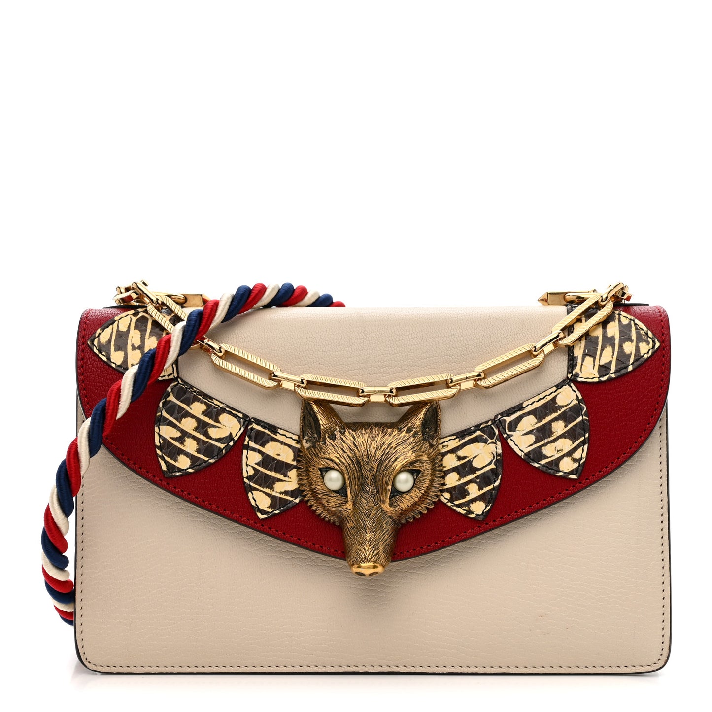 Goatskin Snakeskin Fox Broche Shoulder Bag White Red