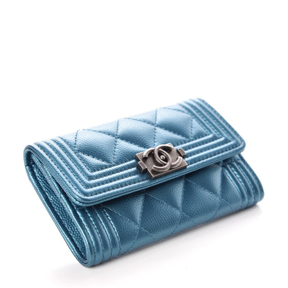 Chanel Metallic Caviar Quilted Boy Card Holder Wallet Turquoise 4 of 11