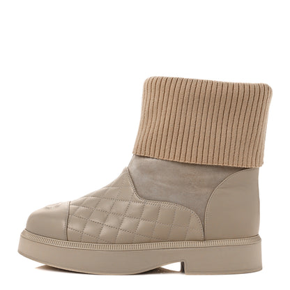 Chanel Suede Lambskin Calfskin Knit Womens Ankle Boots 39 Beige 1 of 6