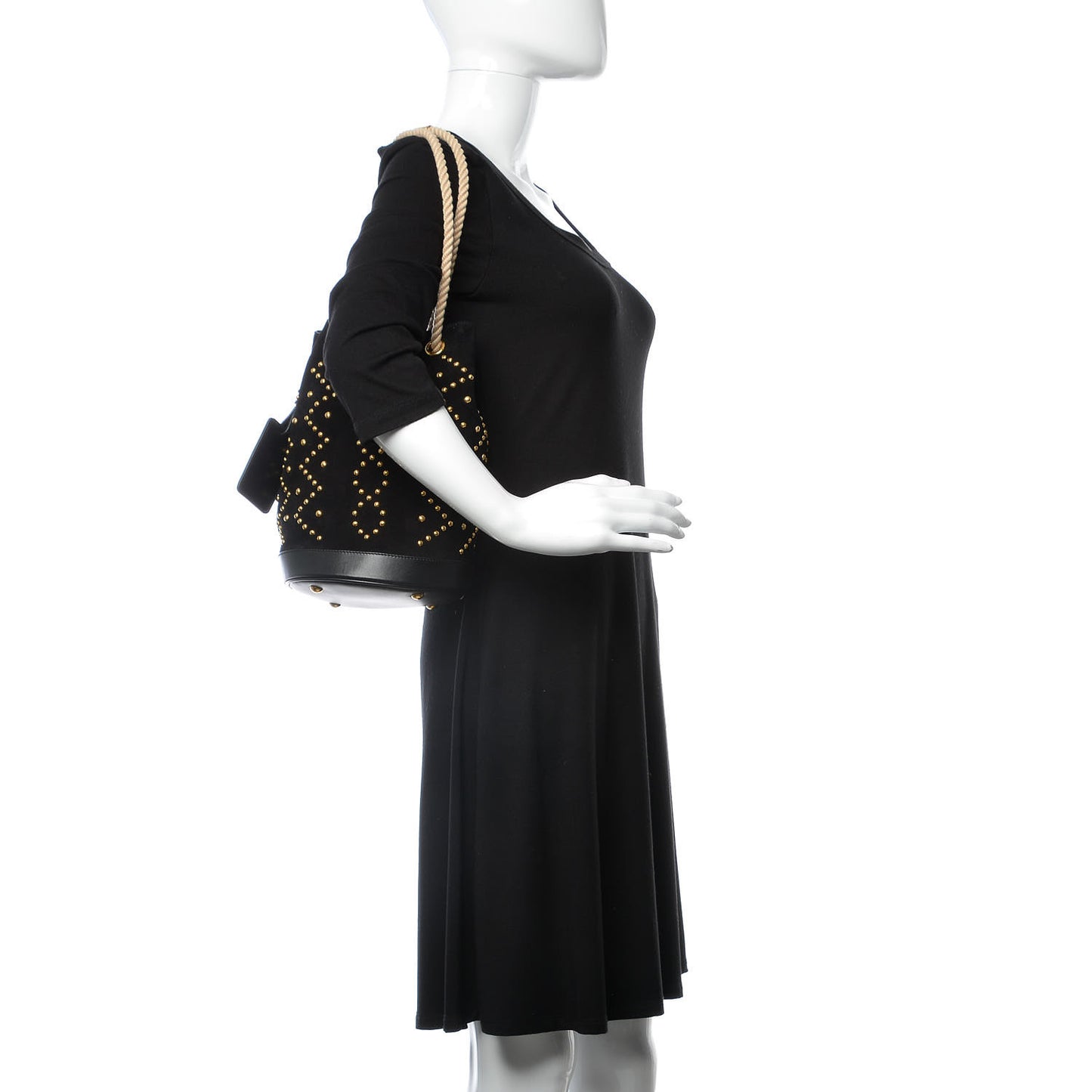 Suede Studded Small Seau Bucket Bag Black