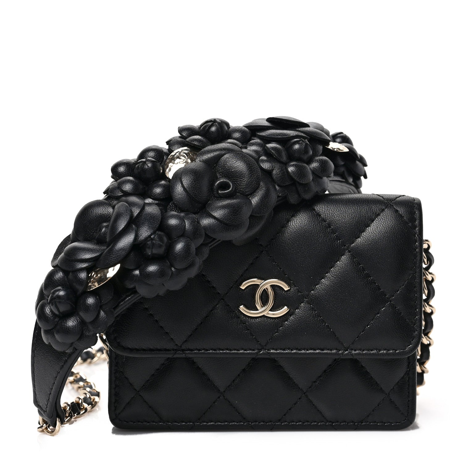 Chanel Lambskin Quilted Camellia Card Holder On Chain Black 1 of 9