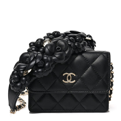 Chanel Lambskin Quilted Camellia Card Holder On Chain Black 1 of 9