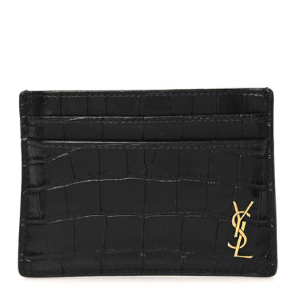 Saint Laurent Calfskin Crocodile Embossed Monogram Tiny Cassandra Credit Card Case Black 1 of 10