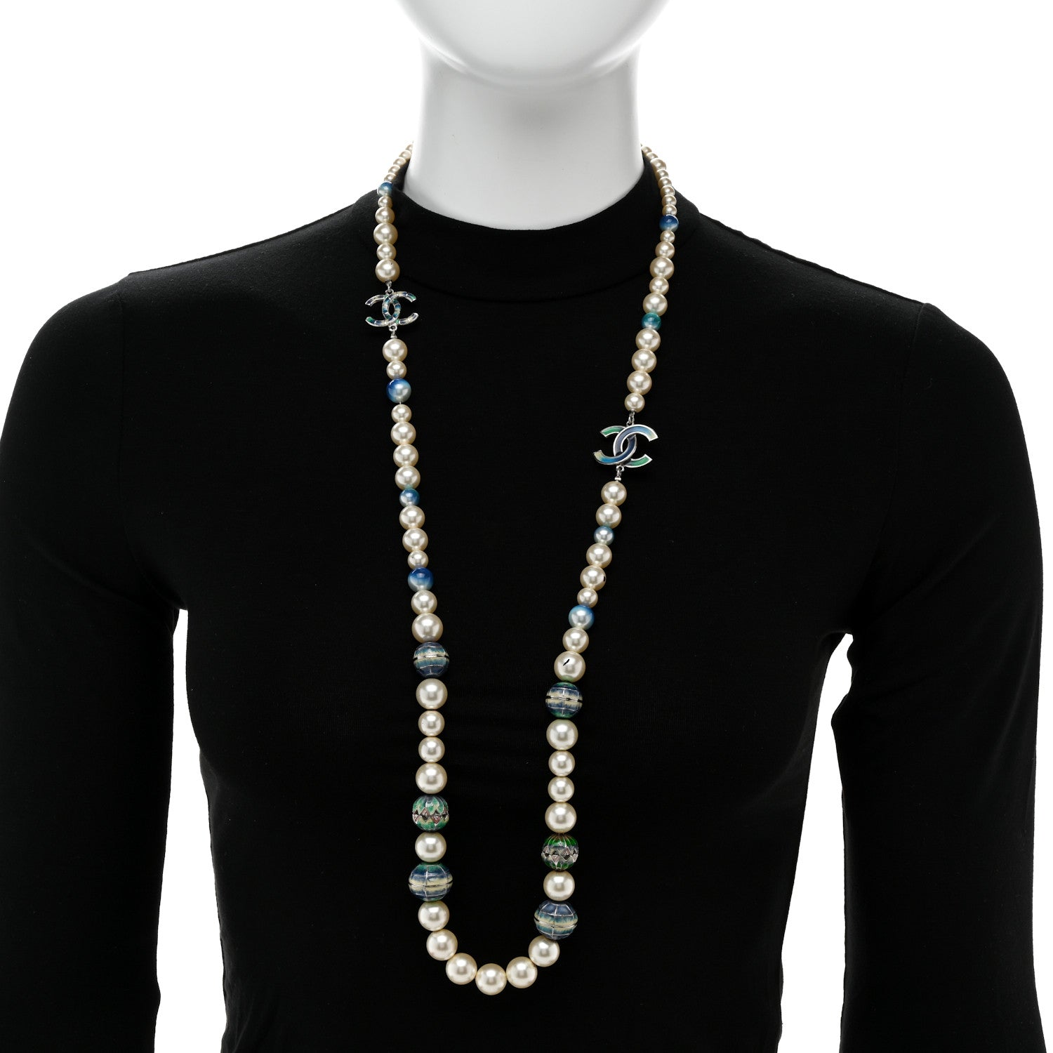 Chanel Graduated Pearl Enamel Bead CC Logo Long Necklace White Blue Multicolor 2 of 7