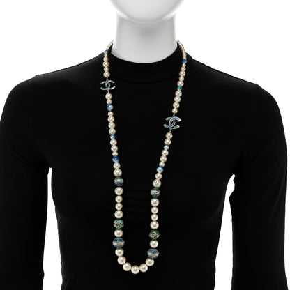 Chanel Graduated Pearl Enamel Bead CC Logo Long Necklace White Blue Multicolor 2 of 7
