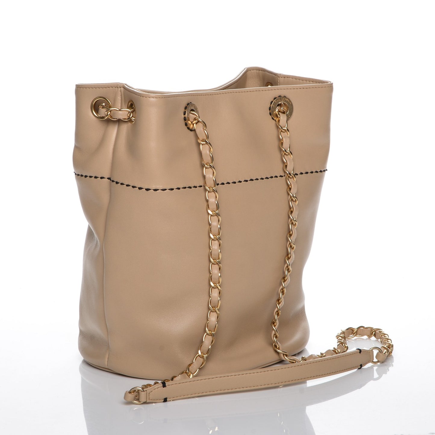 Lambskin CC Stitched Drawstring Bucket Bag Beige