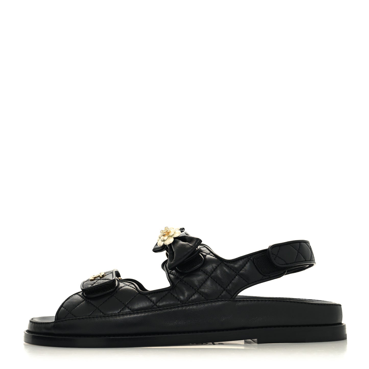 Lambskin Velcro CC Crystal Pearl Bow Dad Sandals 41.5 Black
