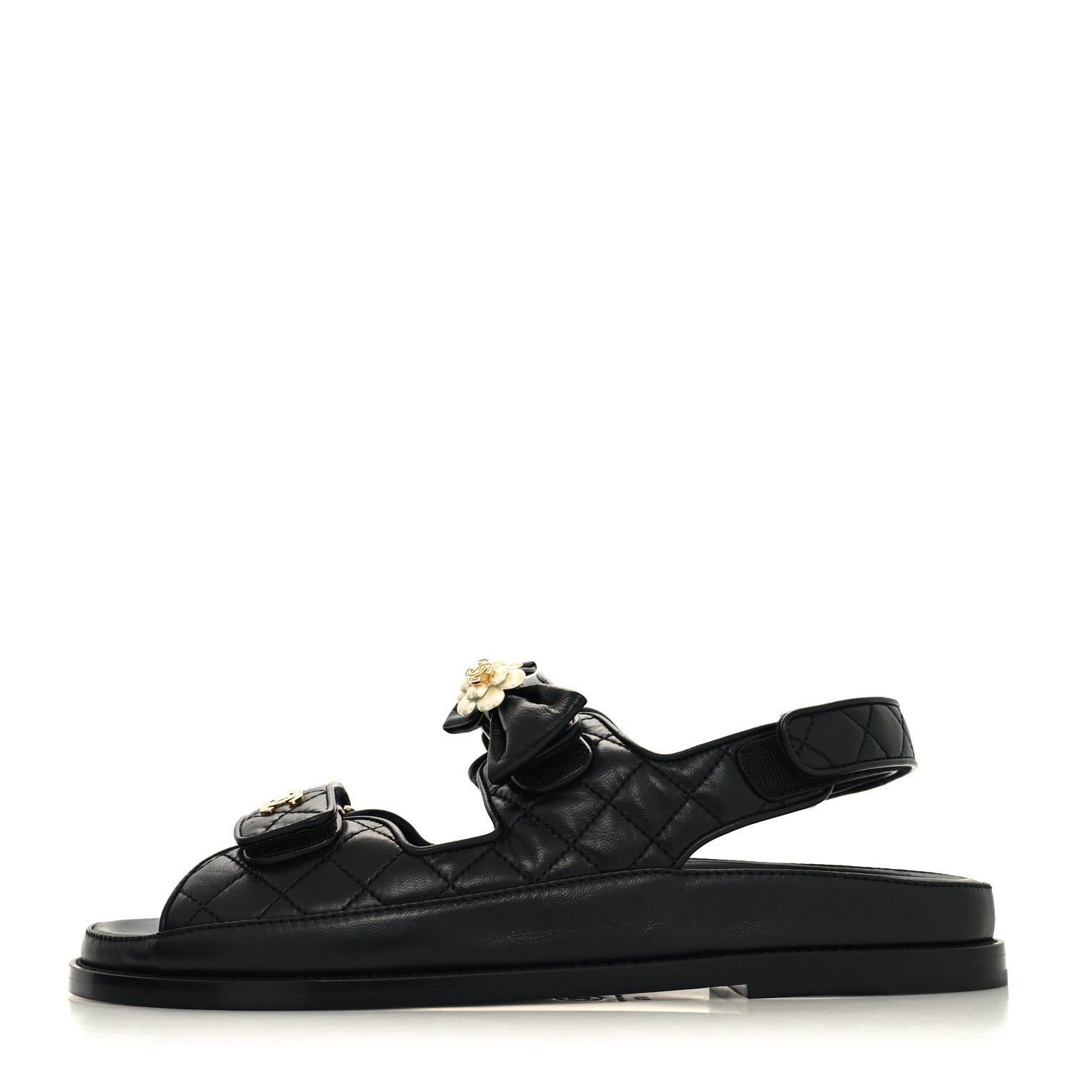 Chanel Lambskin Velcro CC Crystal Pearl Bow Dad Sandals 41.5 Black 1 of 9