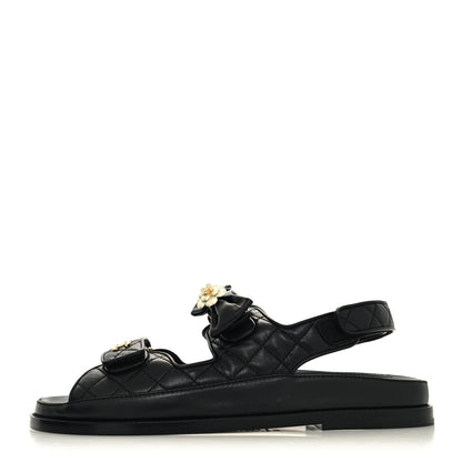 Chanel Lambskin Velcro CC Crystal Pearl Bow Dad Sandals 41.5 Black 1 of 9