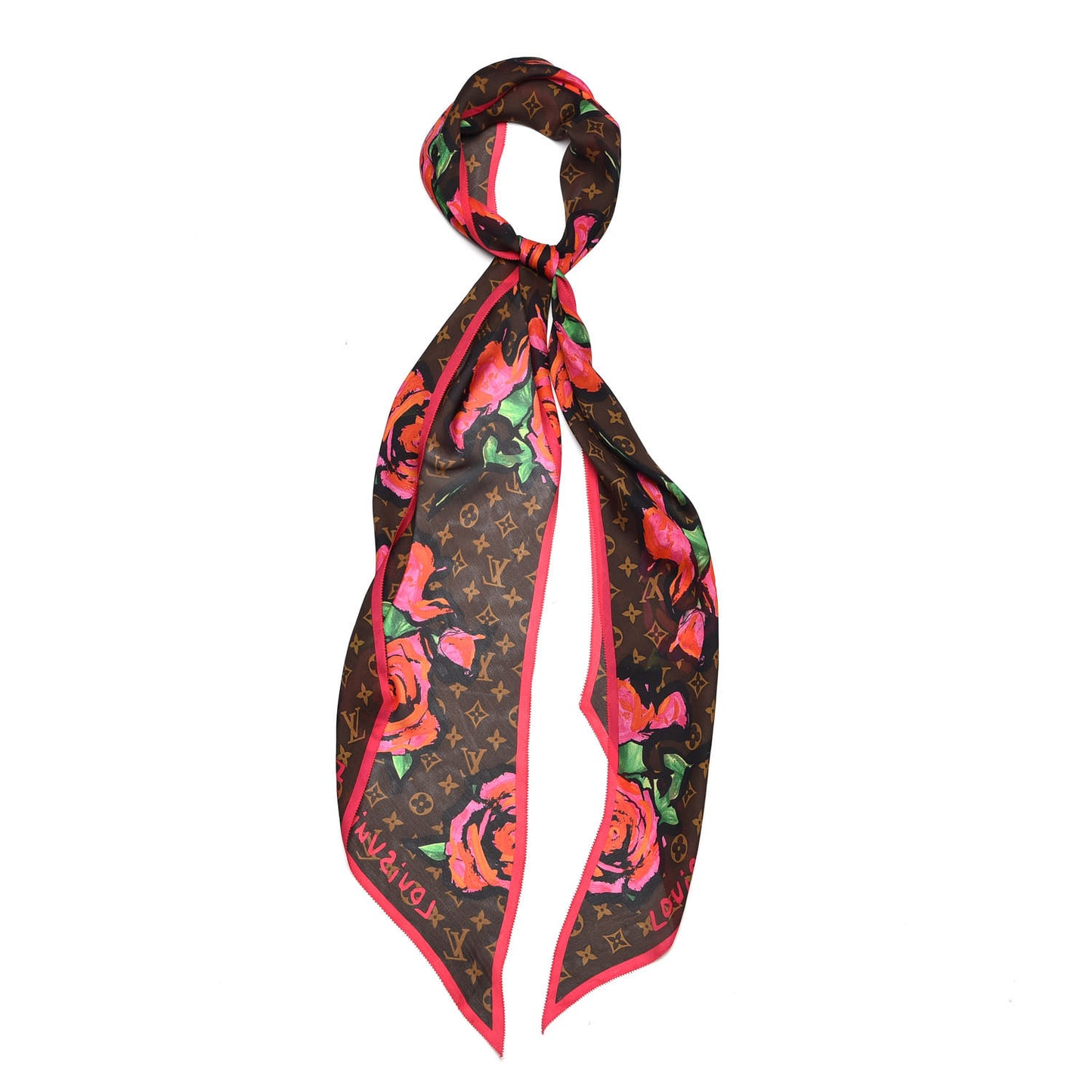 Silk Monogram Roses Scarf Marron