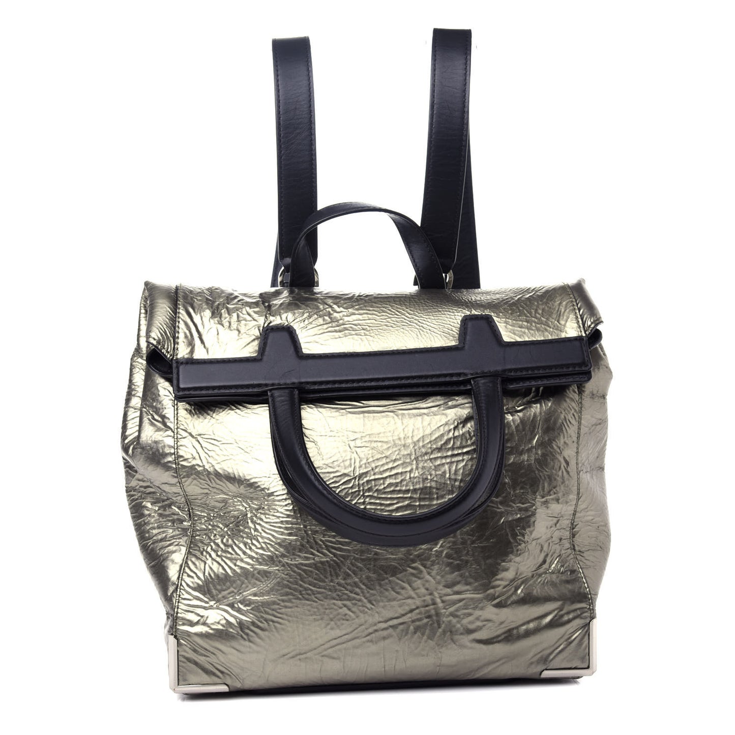 Metallic Crinkled Patent Calfskin Embossed Prisma Fold-Over Backpack Green Nickel Hardware