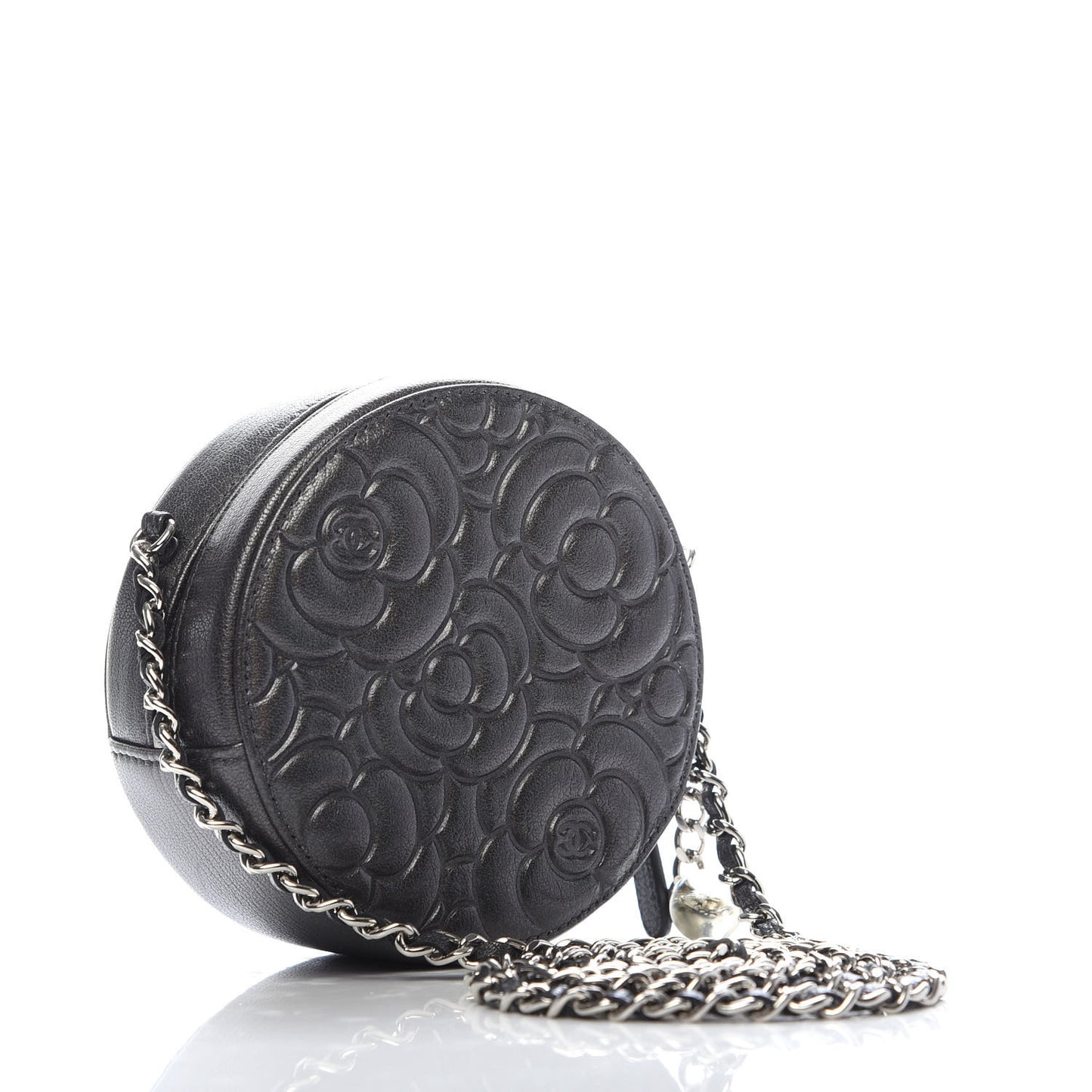 Goatskin Camellia Quilted Round Clutch With Chain Grey