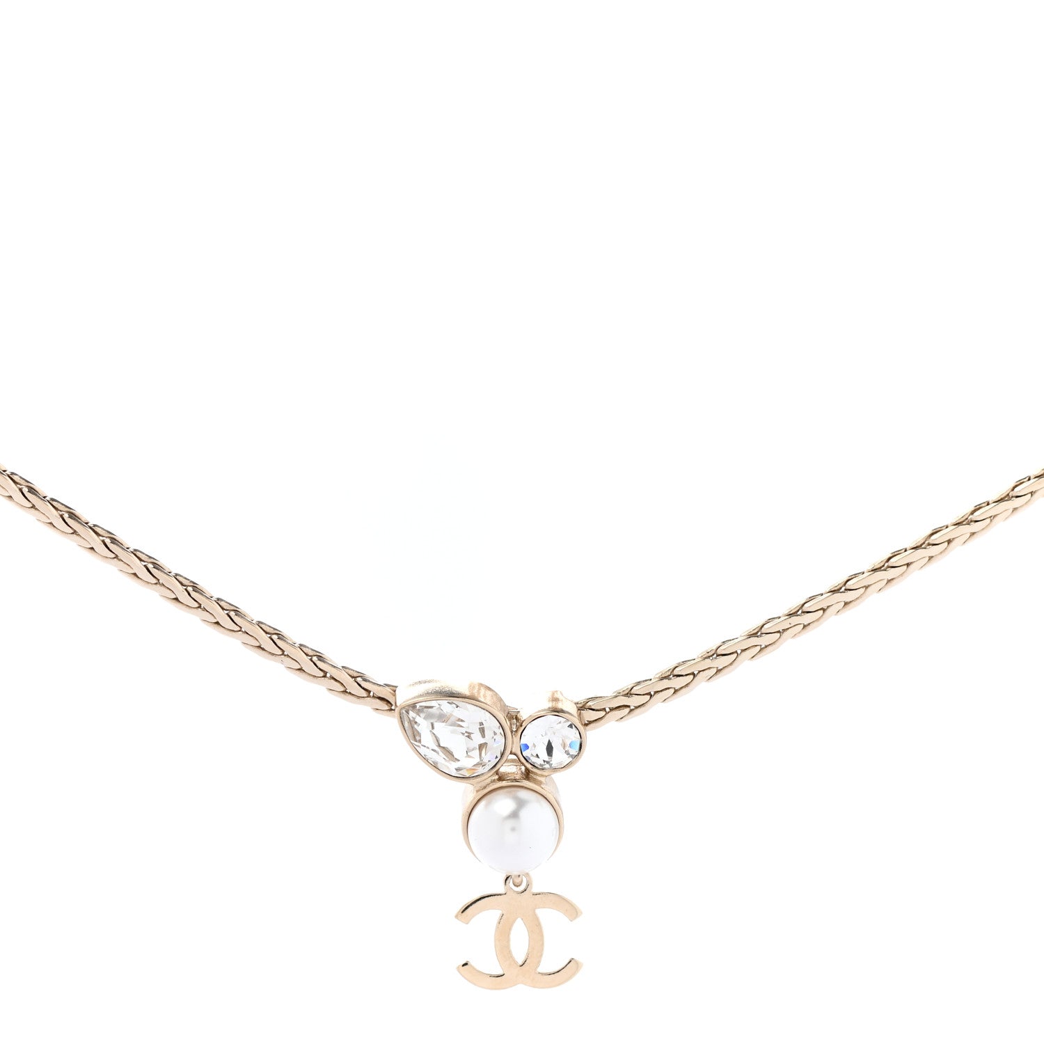 Chanel Pearl Crystal CC Teardrop Braided Necklace Gold 1 of 8