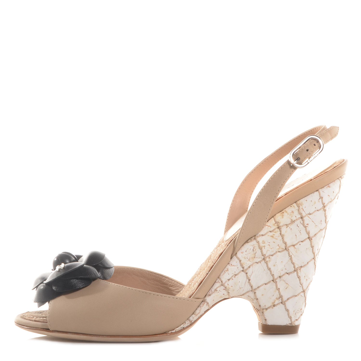 Chanel Lambskin Slingback Camellia Wedge Sandals Beige Black 37 1 of 7