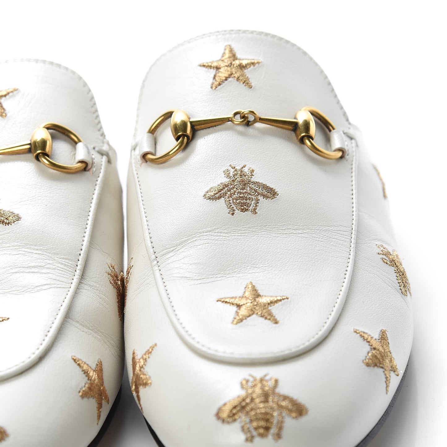 Goatskin Bee Star Embroidered Womens Princetown Slippers 38.5 Mystic White