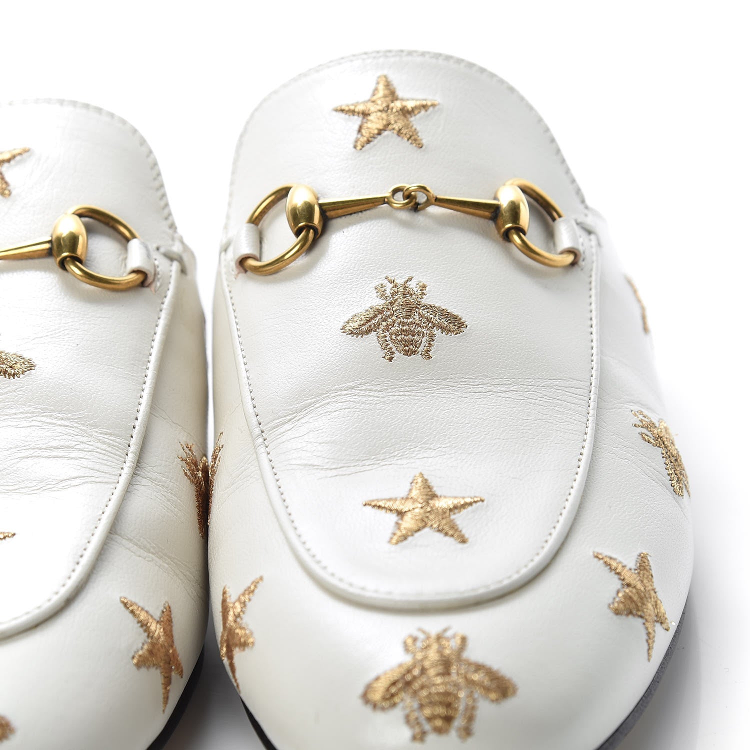 Gucci Goatskin Bee Star Embroidered Womens Princetown Slippers 38.5 Mystic White 12 of 19