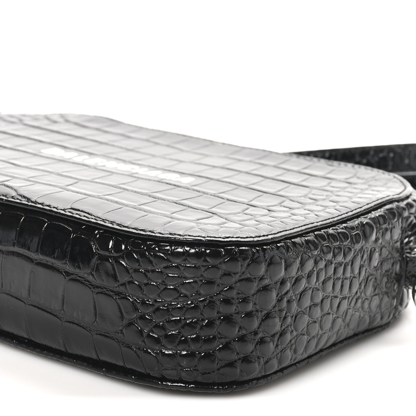 Shiny Calfskin Logo Crocodile Embossed S Everyday Camera Bag with Handle Black