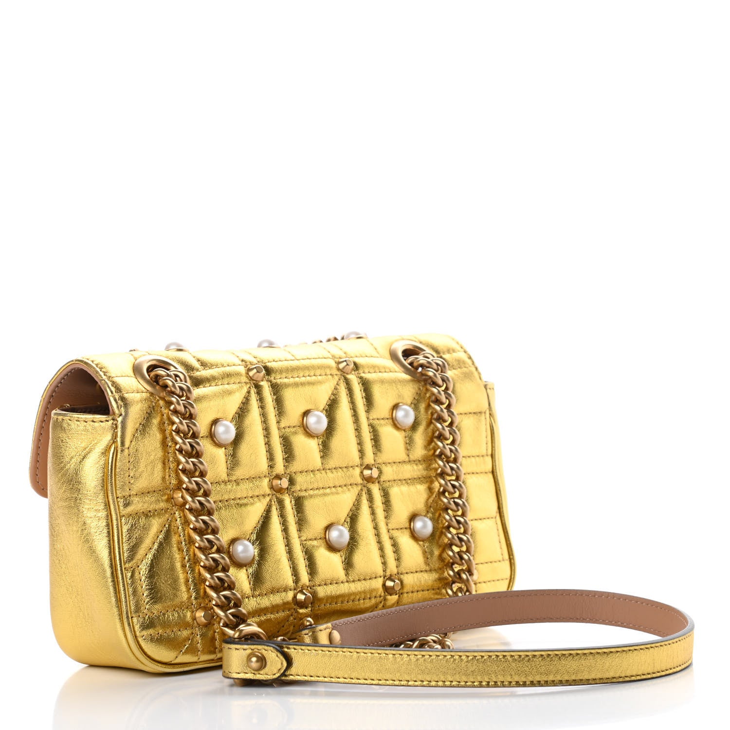Gucci Metallic Calfskin Matelasse Studded Mini Pearly GG Marmont Shoulder Bag Gold 3 of 10