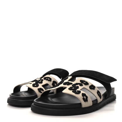 Hermes Suede Goatskin Womens Leopard Chypre Sandals 40 Beige Esquisse Black 3 of 9