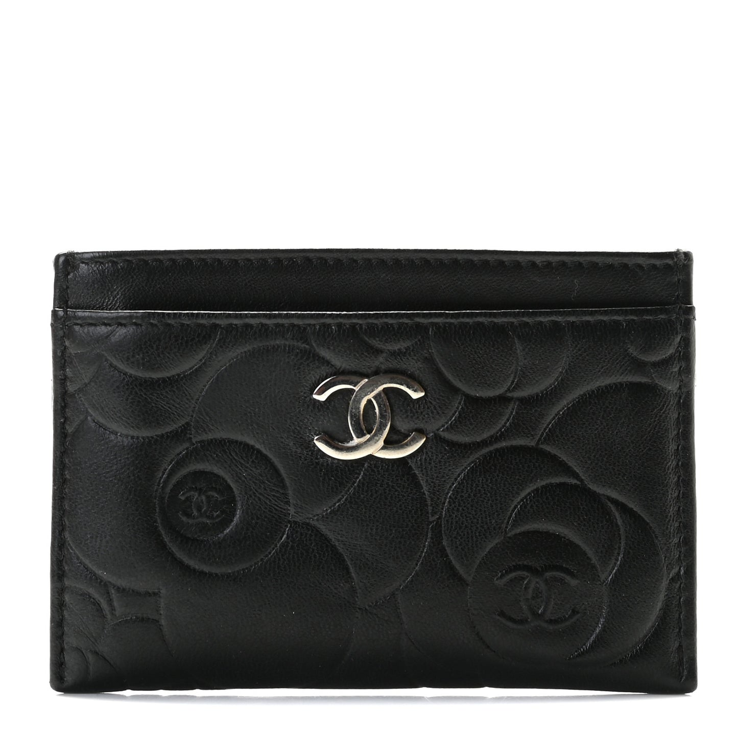 Lambskin Camellia Stitched Card Holder Black