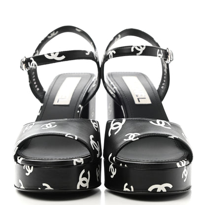 Chanel Printed Lambskin CC Platform Sandals 38 Black White 2 of 12