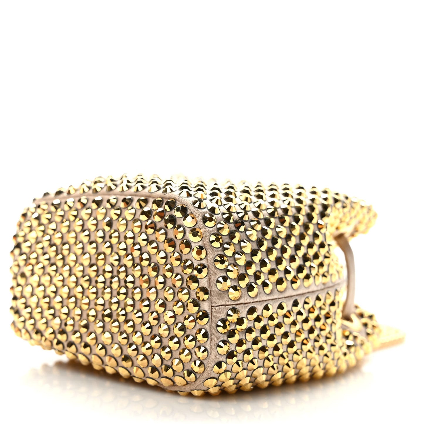 Satin Crystal Metal Triangle Logo Mini Drawcord Pouch Shoulder Bag Platino