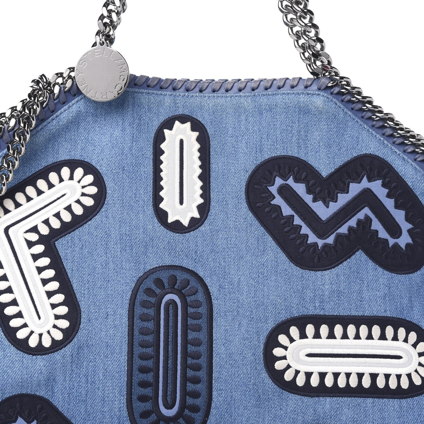 Eco Denim Embroidered Zigarette Falabella Fold Over Tote Blue