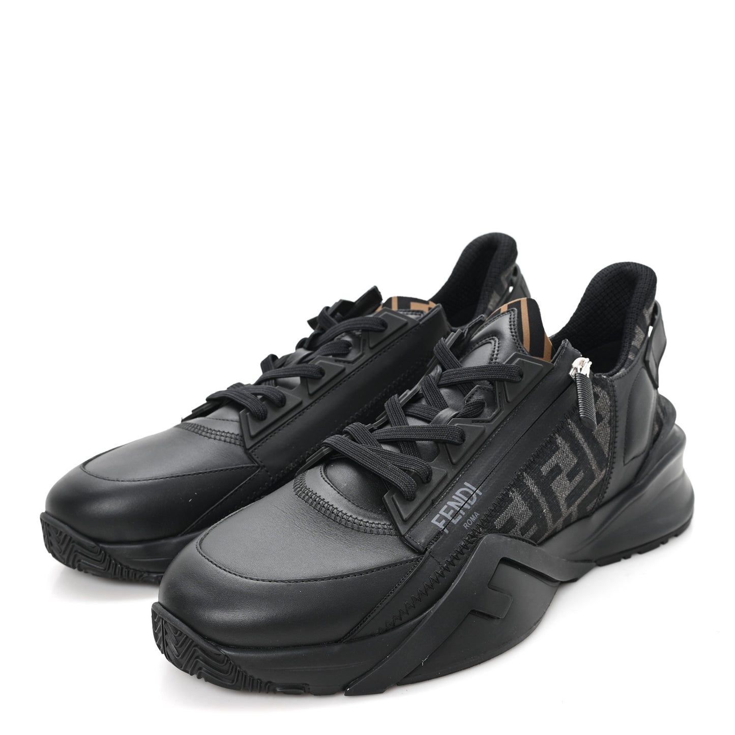 Calfskin Nylon Lycra Mens Fendi Flow Low Top Sneakers 11 Black Grigio Tabacco