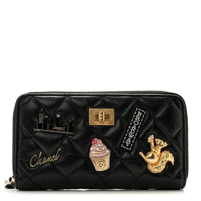 Chanel Aged Calfskin Quilted Small New York Charms 2.55 Reissue Zip Around Wallet Black 1 of 12