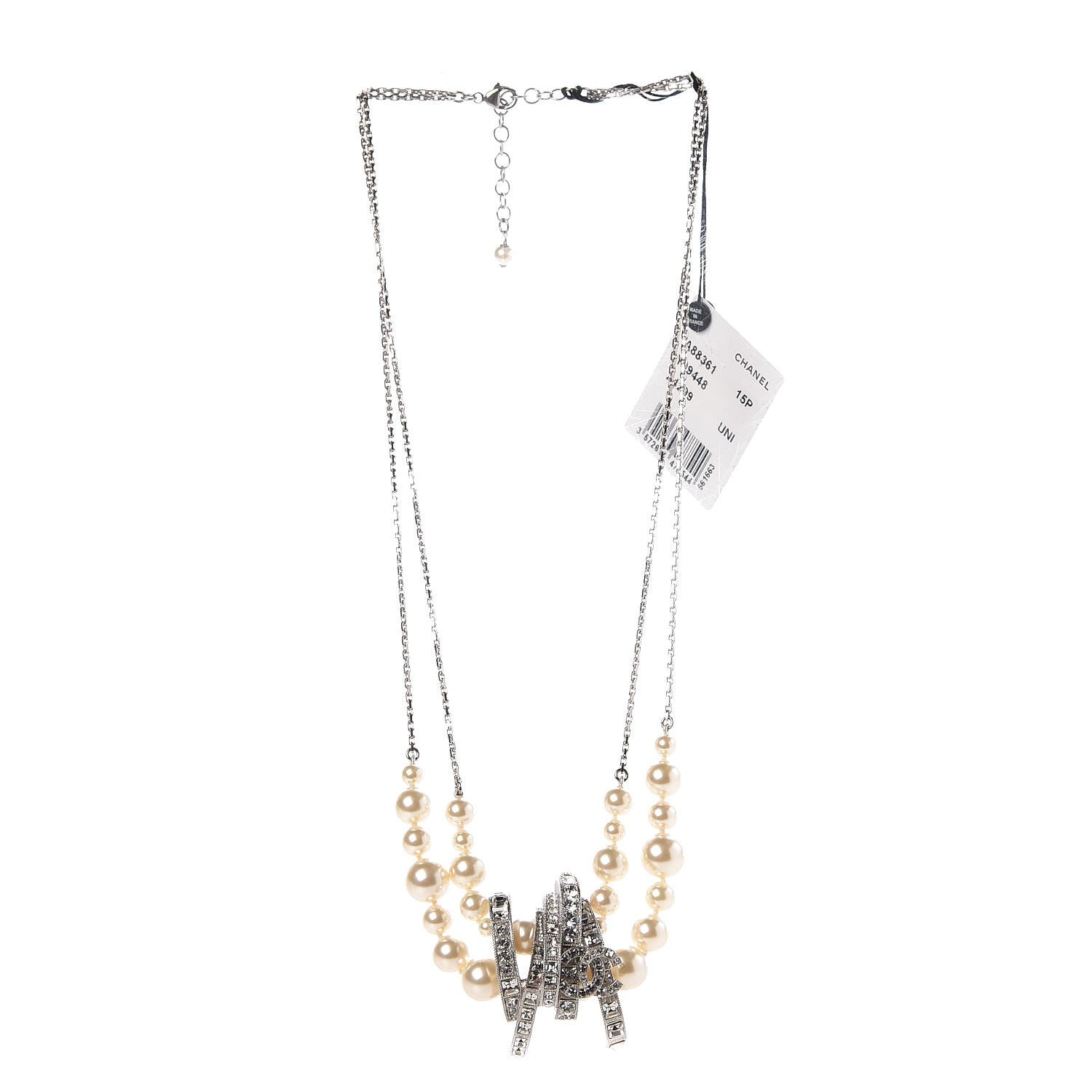 Chanel Pearl Crystal Baguette CC Double Strand Necklace Silver 3 of 5