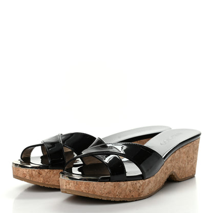 Jimmy Choo Patent Prima Cork Wedge Sandals 38 Black 3 of 7