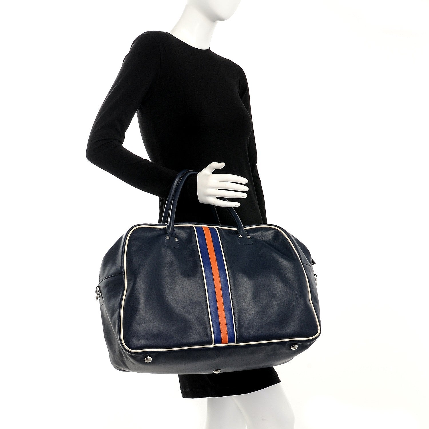 Valentino Garavani Mens Calfskin Rockstud Striped Holdall Duffle Navy 3 of 13
