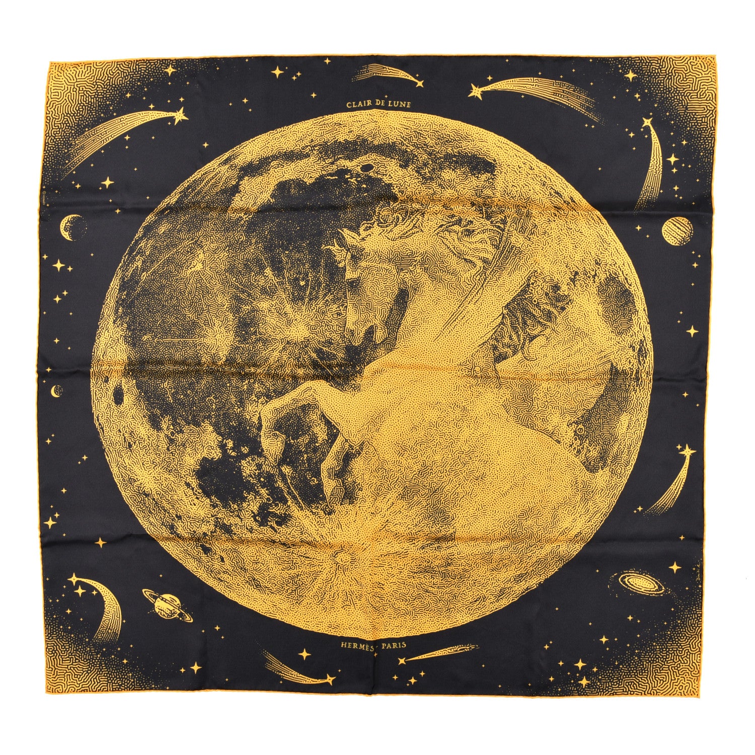 Hermes Silk Clair De Lune Double Face Scarf 90 Black Jaune D'Or Bleu 1 of 4