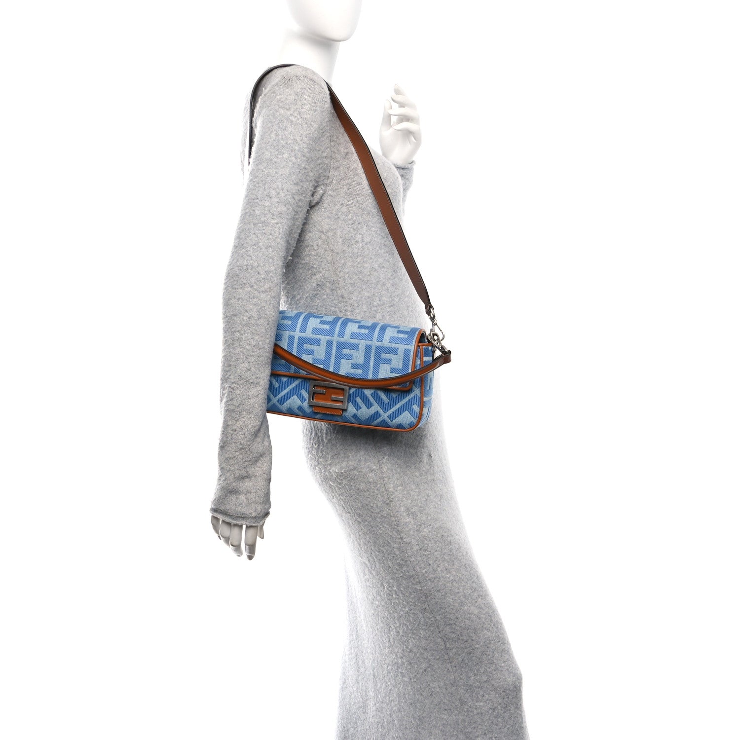 Fendi Denim Vitello King FF Embroidered Baguette Denim Chiaro Brandy 2 of 10