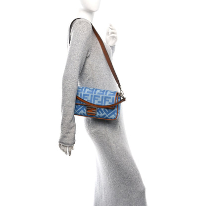 Fendi Denim Vitello King FF Embroidered Baguette Denim Chiaro Brandy 2 of 10