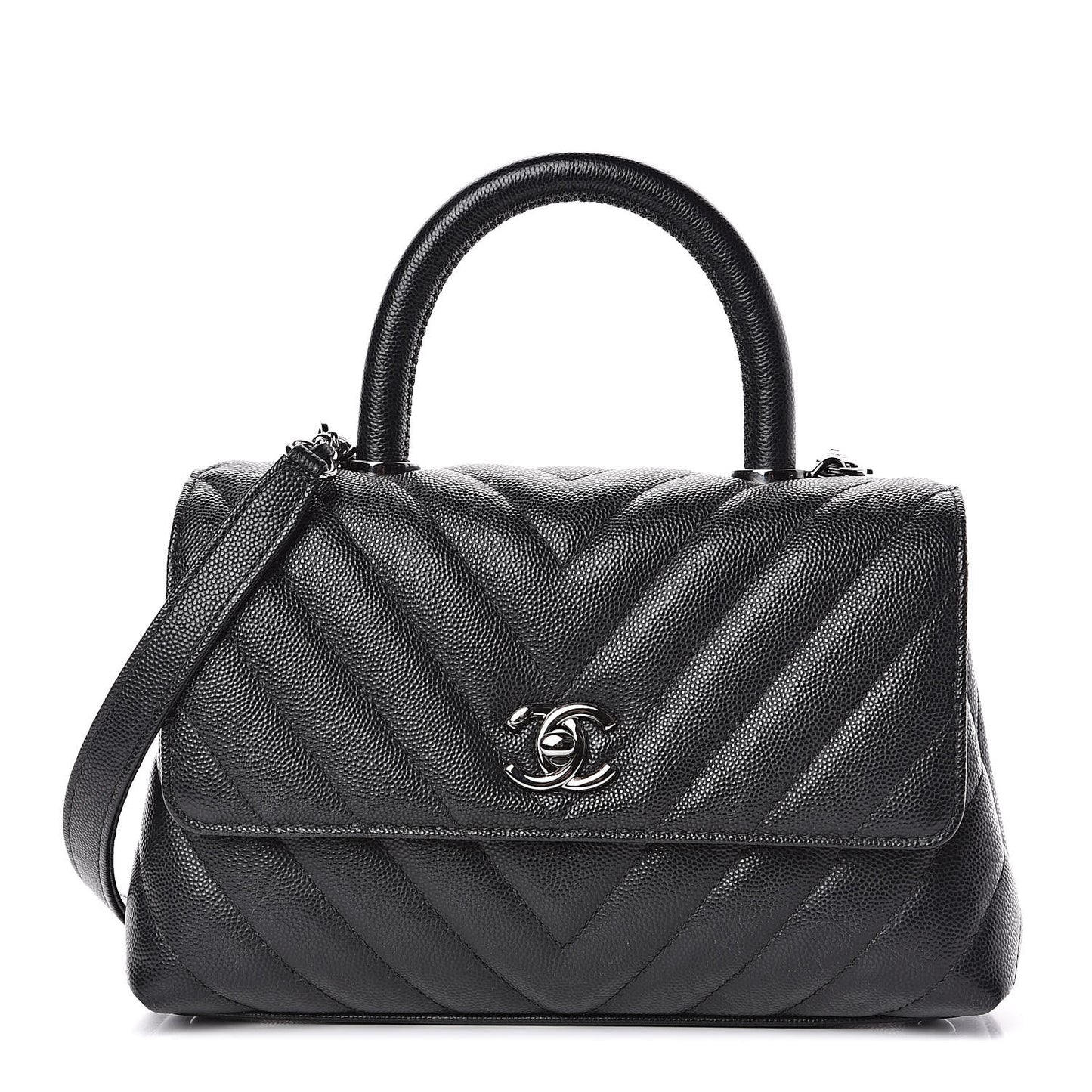 Caviar Chevron Quilted Mini Coco Handle Flap Black