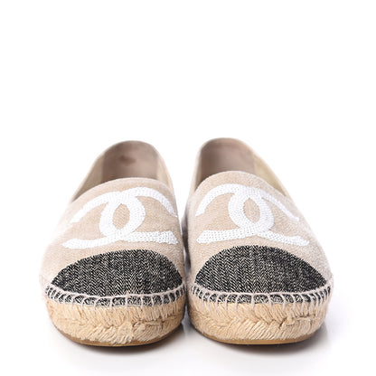 Chanel Toile Sequin CC Espadrilles 37 Beige Black 2 of 7