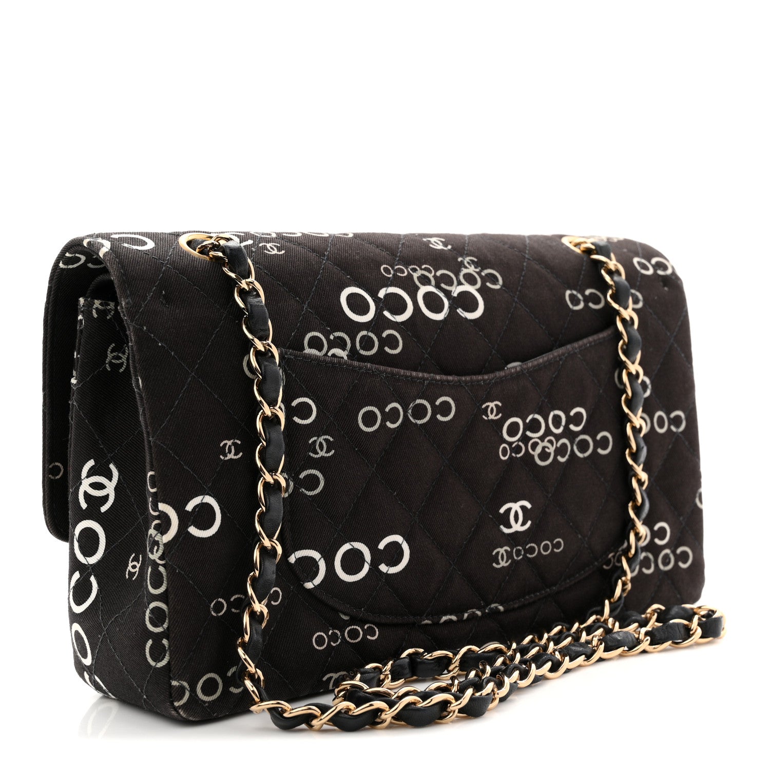 Chanel Canvas Coco Printed Quilted Medium Double Flap Black White 3 of 13