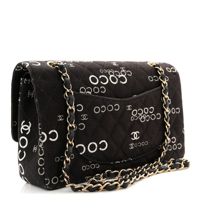 Chanel Canvas Coco Printed Quilted Medium Double Flap Black White 3 of 13