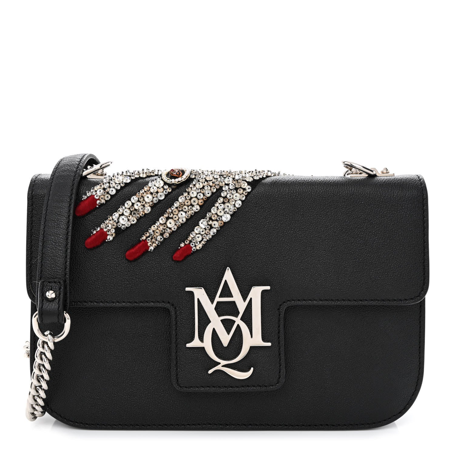 Alexander McQueen Grained Calfskin Hand Appliqued Medium Insignia Flap Black 1 of 15