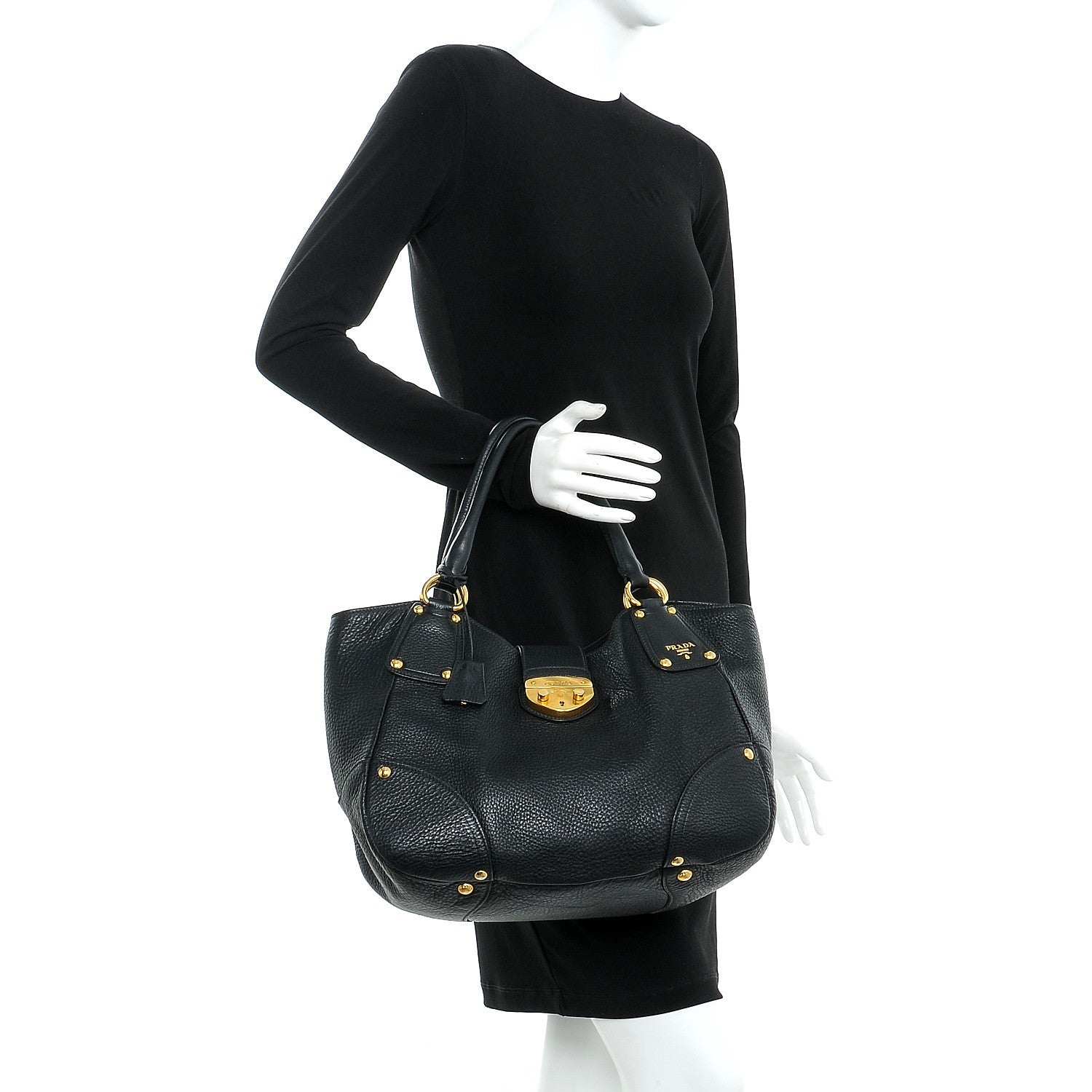 Prada Vitello Daino Pushlock Tote Black 2 of 8