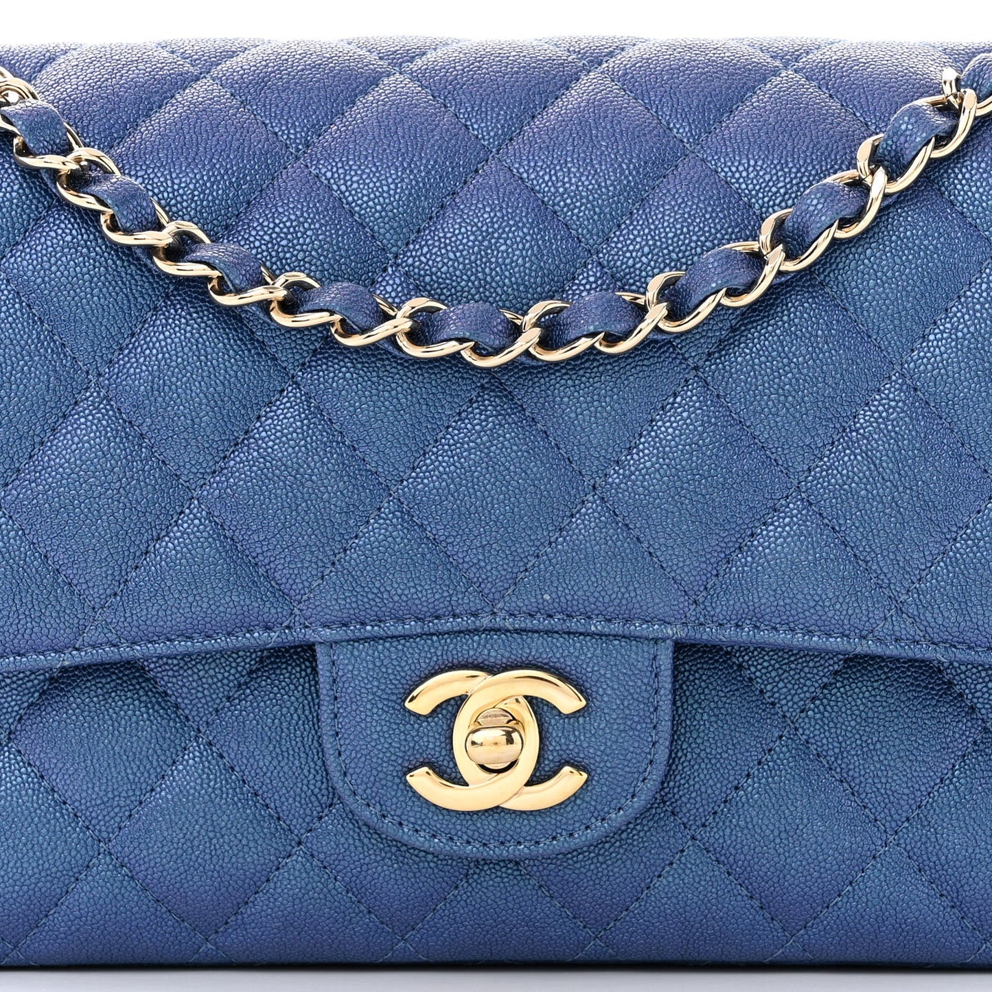 Iridescent Caviar Quilted Medium Double Flap Dark Blue